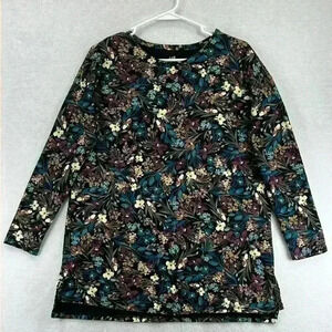 J Jill Women’s Tunic Top Shirt Size Small Black Floral Print Supima Cotton Soft